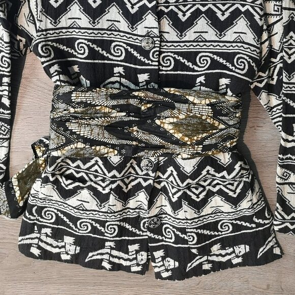 80s Vintage Black/Grey Mandarin Collar Aztec Pattern Cotton Woven Jacket - Picture 2 of 14